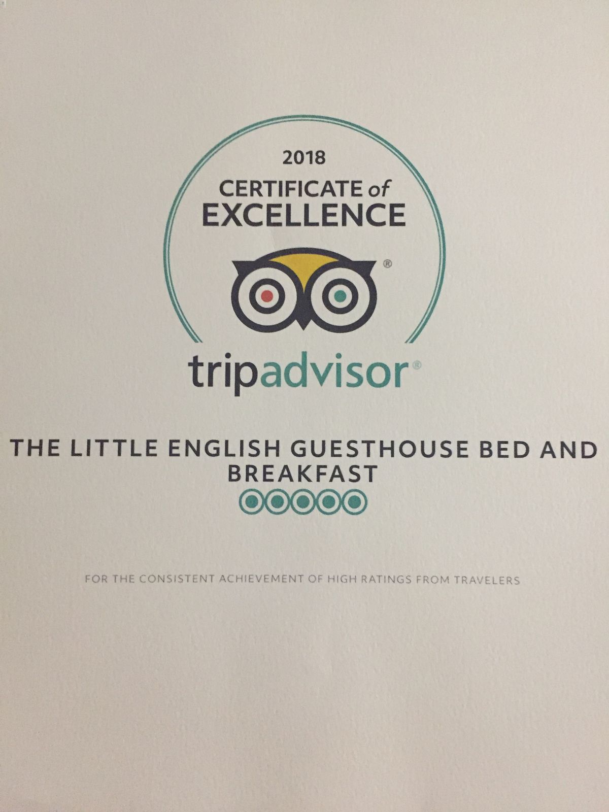 Trip Advisor award Little English Guesthouse -Excellent!