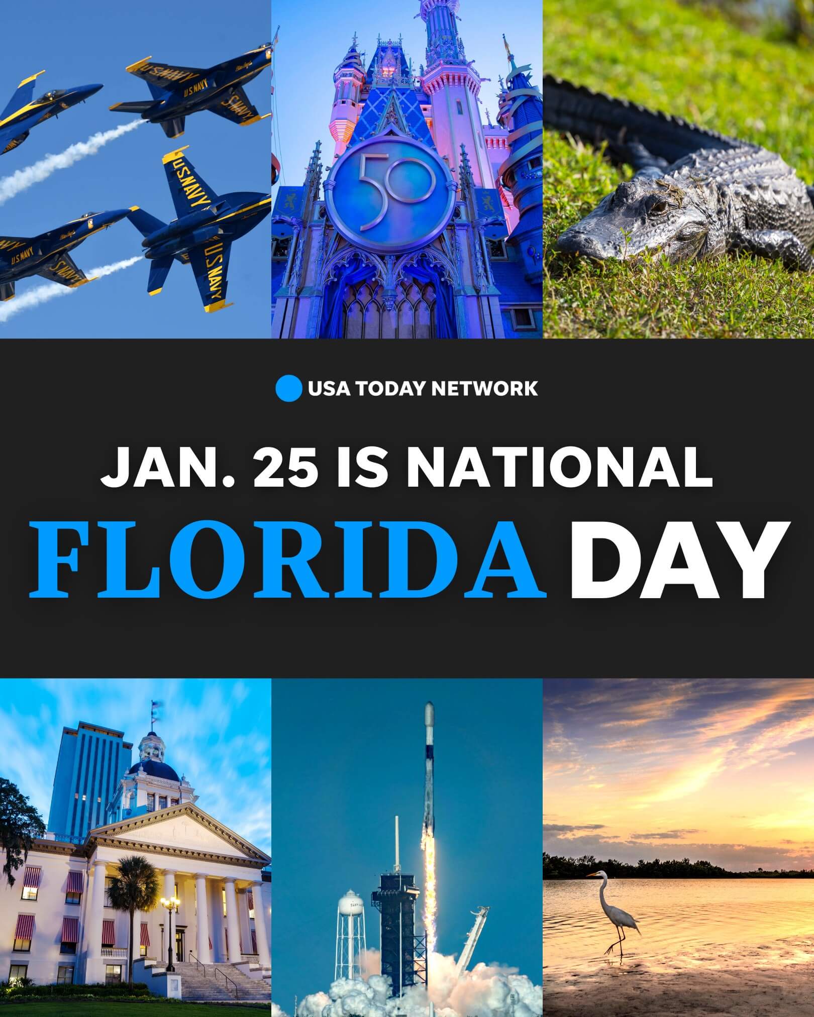 National Florida Day card with Tallahassee Capitol, rocket launch, alligator, Disneyworld, sunset Florida water