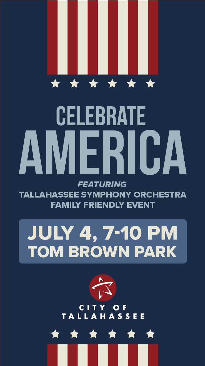 Celebrate America signage for Independence Day fireworks at Tom Brown Park Tallahassee Florida