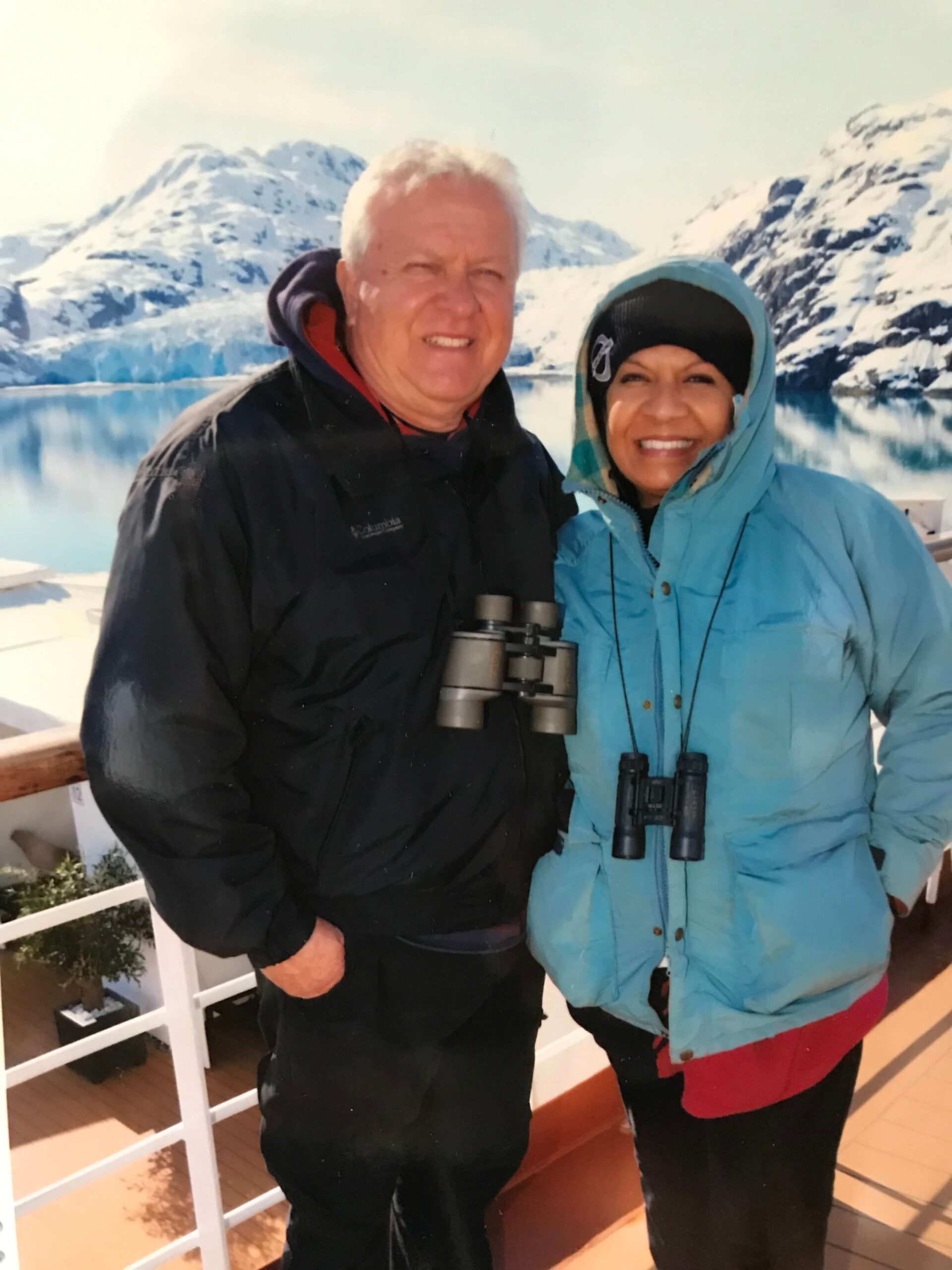 Glacier Bay, Alaska, Thom and Tracey standing in front of Marjorie Glacier