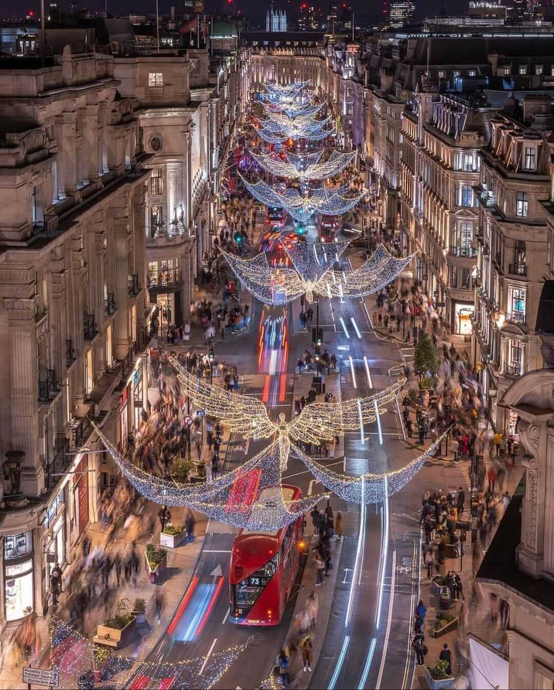 Christmas lights from above London street