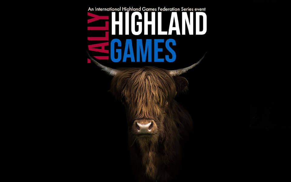 Highlands cow, with horns and Tally Highland Games printed above