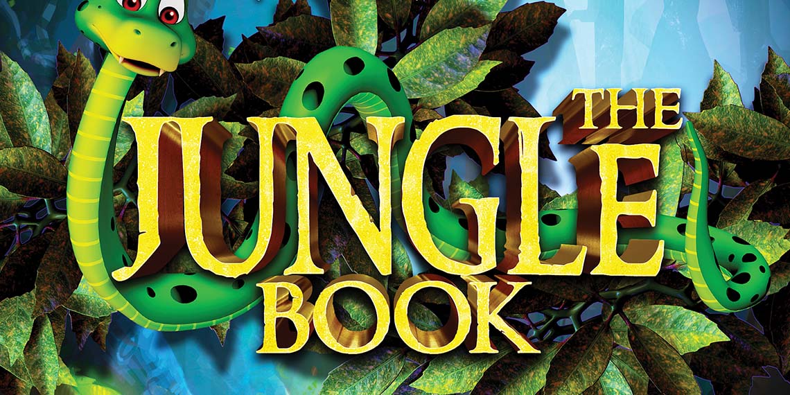 Jungle background with words in yellow, that say The Jungle Book