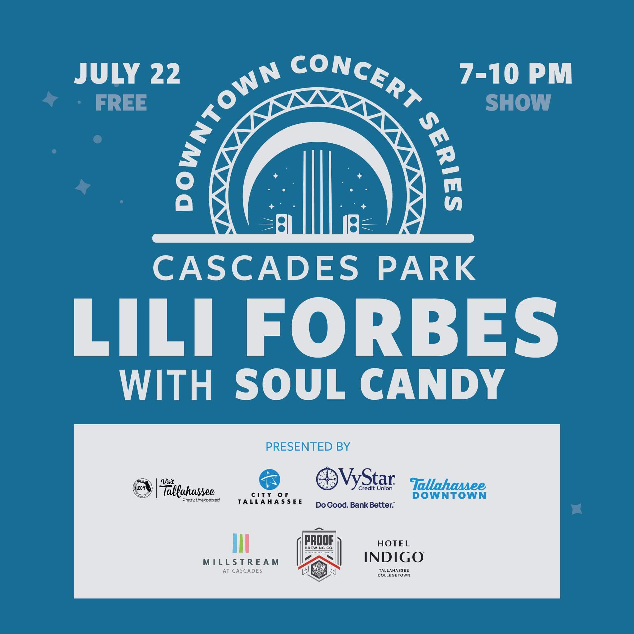 Cascades Park sign for Lili Forbes concert